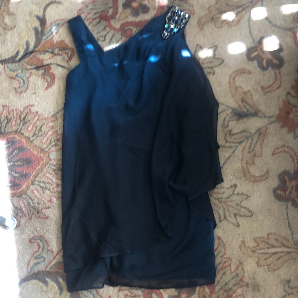R&M Richards teal to black ombré asym top cocktail dress. Satin&chiffon overlay
